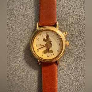 Disney Mickey Mouse Musical Watch 35mm Goldtone Leather Band NEW Battery